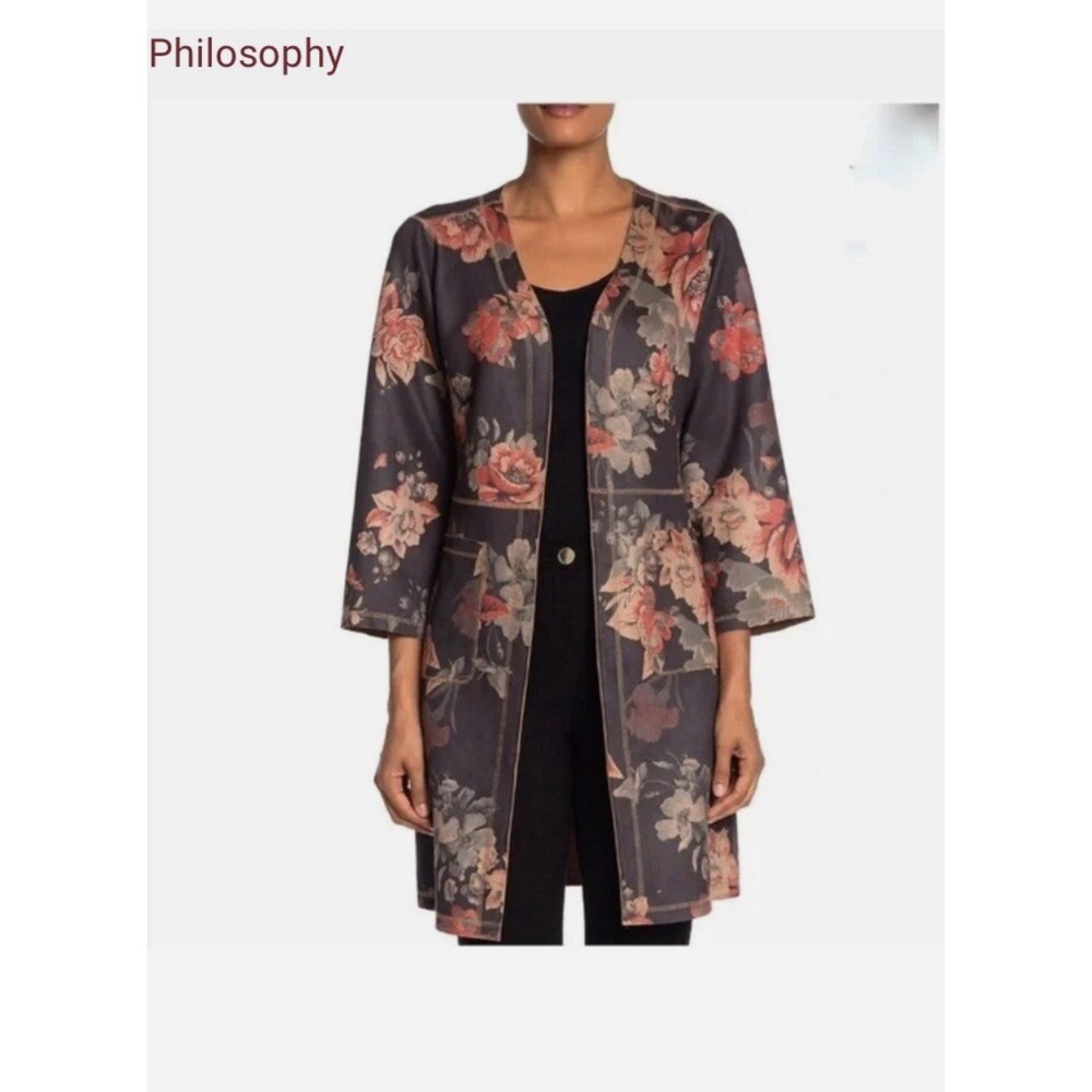 Philosophy Republic Garden‎ Floral Open Front Faux Leather Duster Long Jacket XL